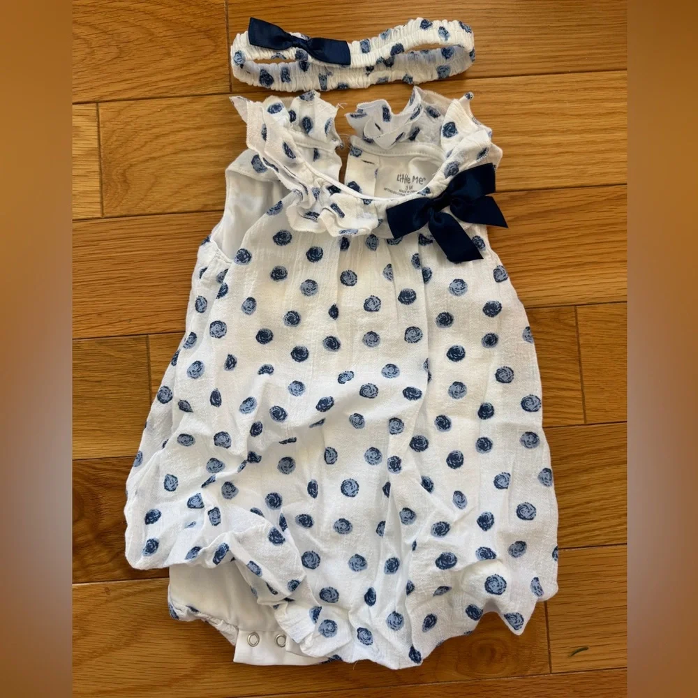 Little Me White and Blue Polka Dot summer dress Set